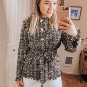 Tweed Buttoned Belted Long Sleeve Blouse/Blazer